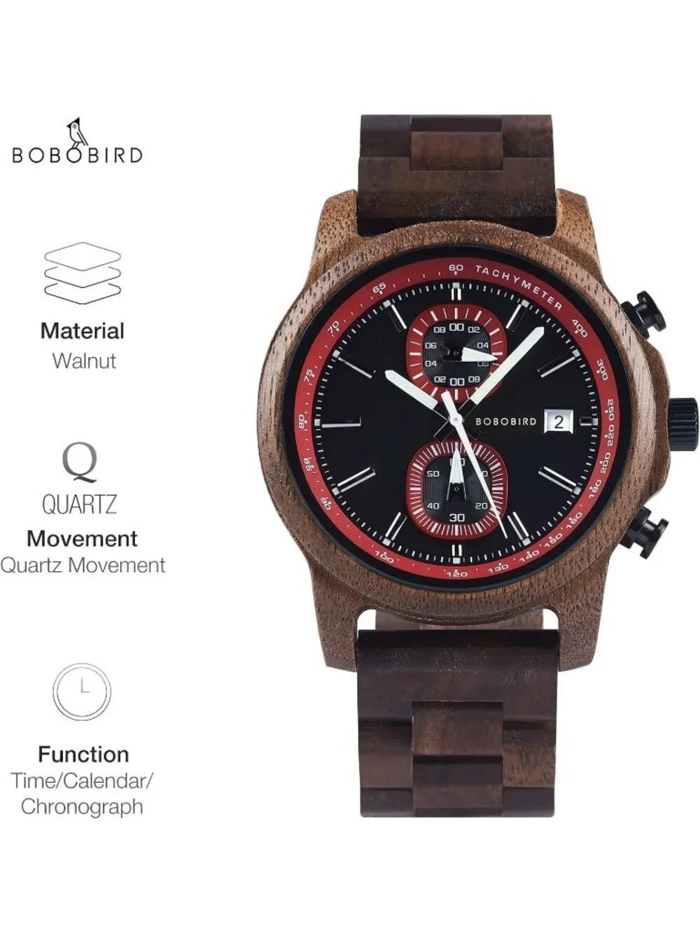 Men's Red Analog Quartz Ultra-Light Luminous Chronograph Casual Wooden Watch